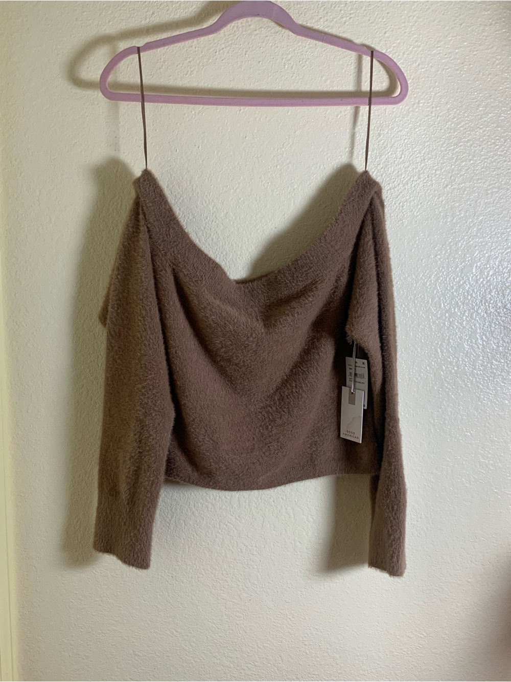NWT Good American Brown Off-the-Shoulder Cozy Knit Sweater, Size 2XL